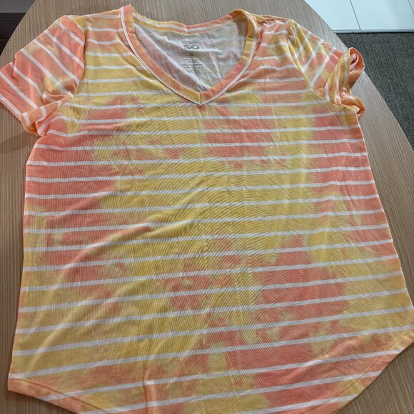 SO V Neck T Shirt XL Xtra Large Pink Yellow White Striped Short Sleeve Polyester - Picture 1 of 3